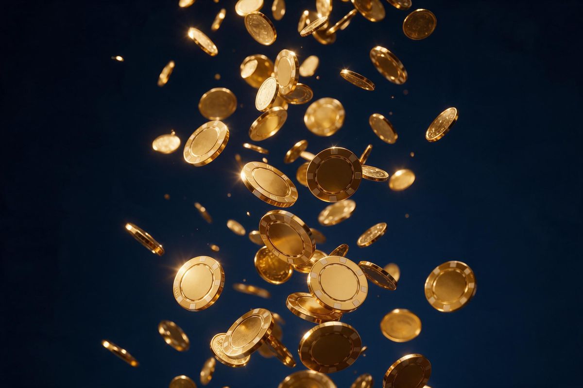 Cascade of golden casino chips falling through the air