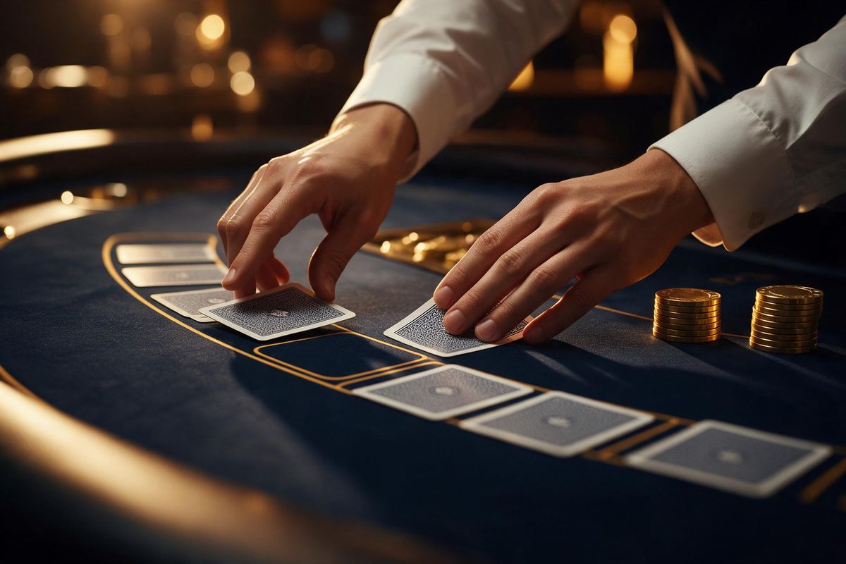 Croupier hands dealing cards on a navy blackjack table