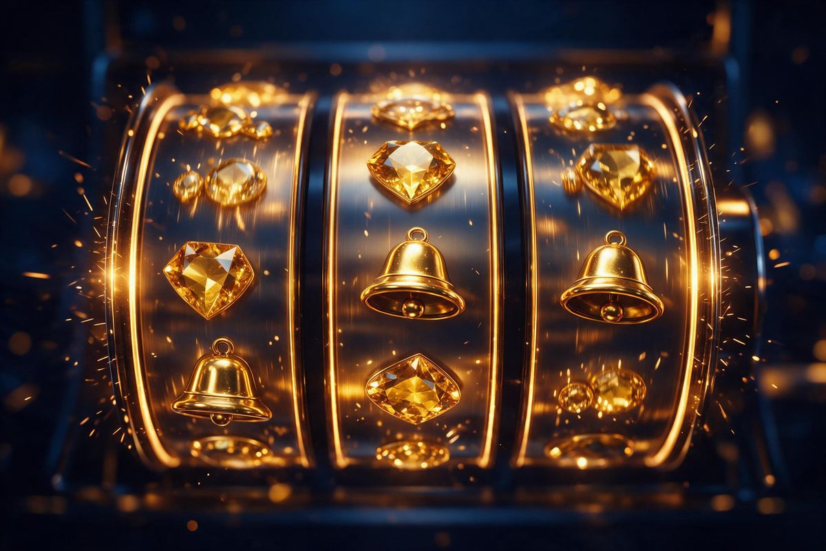 Golden slot machine reels spinning with gem and bell symbols